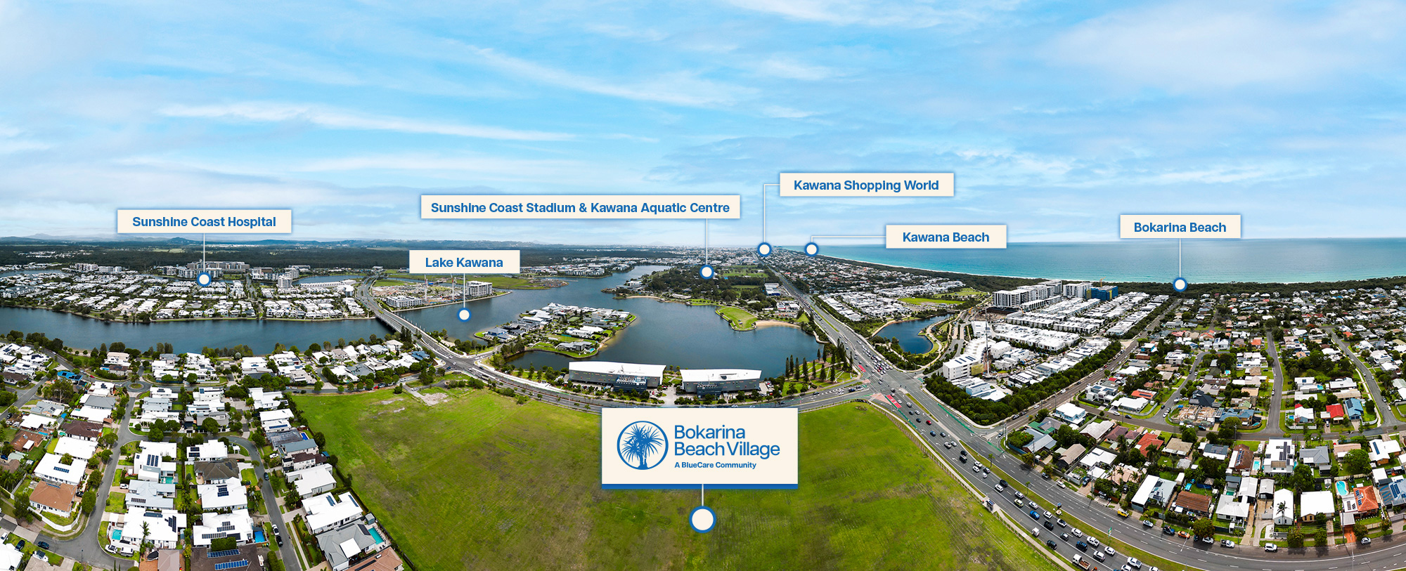 Bokarina Beach Village site aerial shot showing point of interest