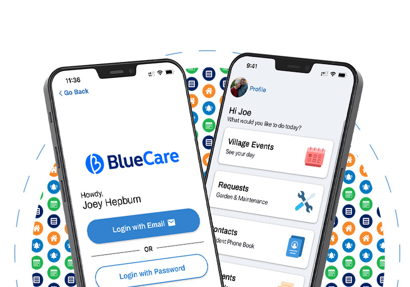 Mobile phones with screenshot of the app login and home screen
