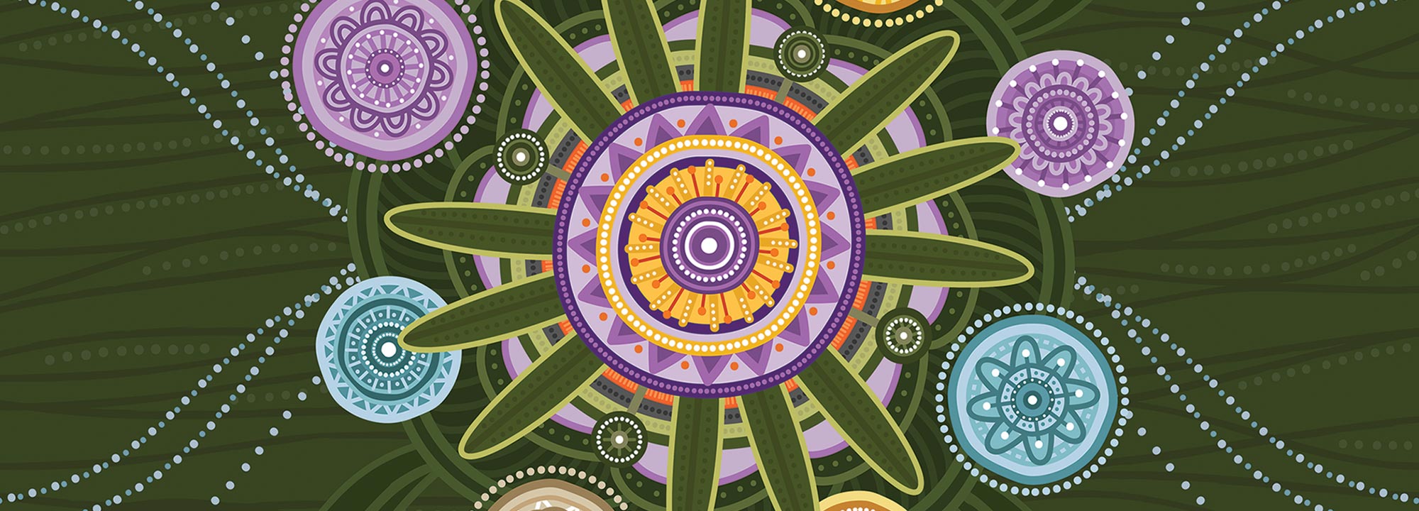 An artwork by South Sea Islander and Butchulla artist and designer Tarni O’Shea, featuring a central element representing rejuvenation of the land through fire, constructive conversations, and creating an environment of learning and healing. This is surrounded by nurturing elements depicting UnitingCare business functions. Freshwater and saltwater flows around this, connecting UnitingCare to people far and wide.