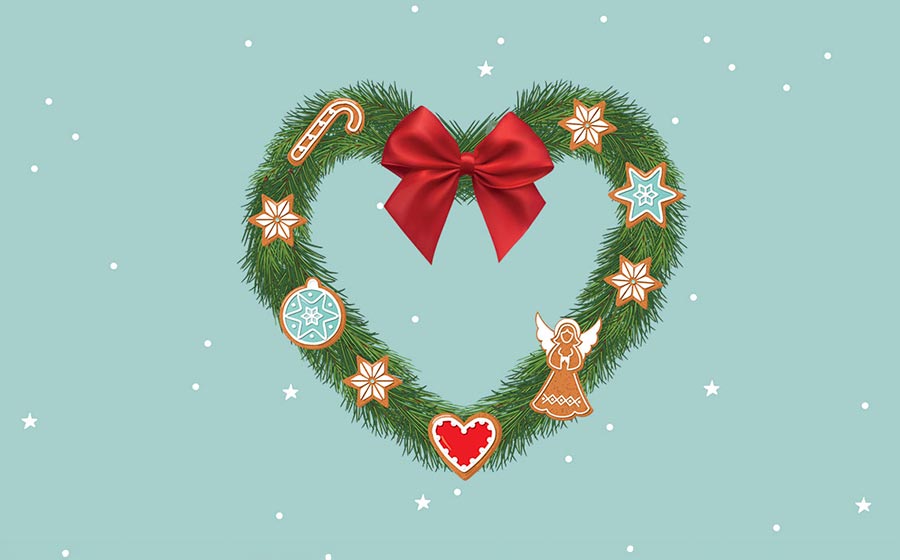 Illustration of Christmas wreath in the shape of a love heart