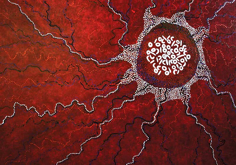 painted indigenous artwork with a red background and grey, black and white foreground colours