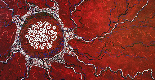 painted indigenous artwork with a red background and grey, black and white foreground colours
