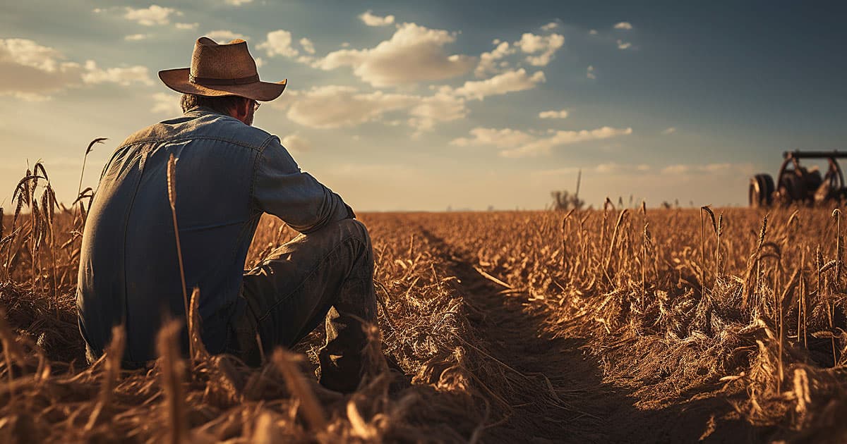 Farmer sitting in his crop field looking out with tractor in the background