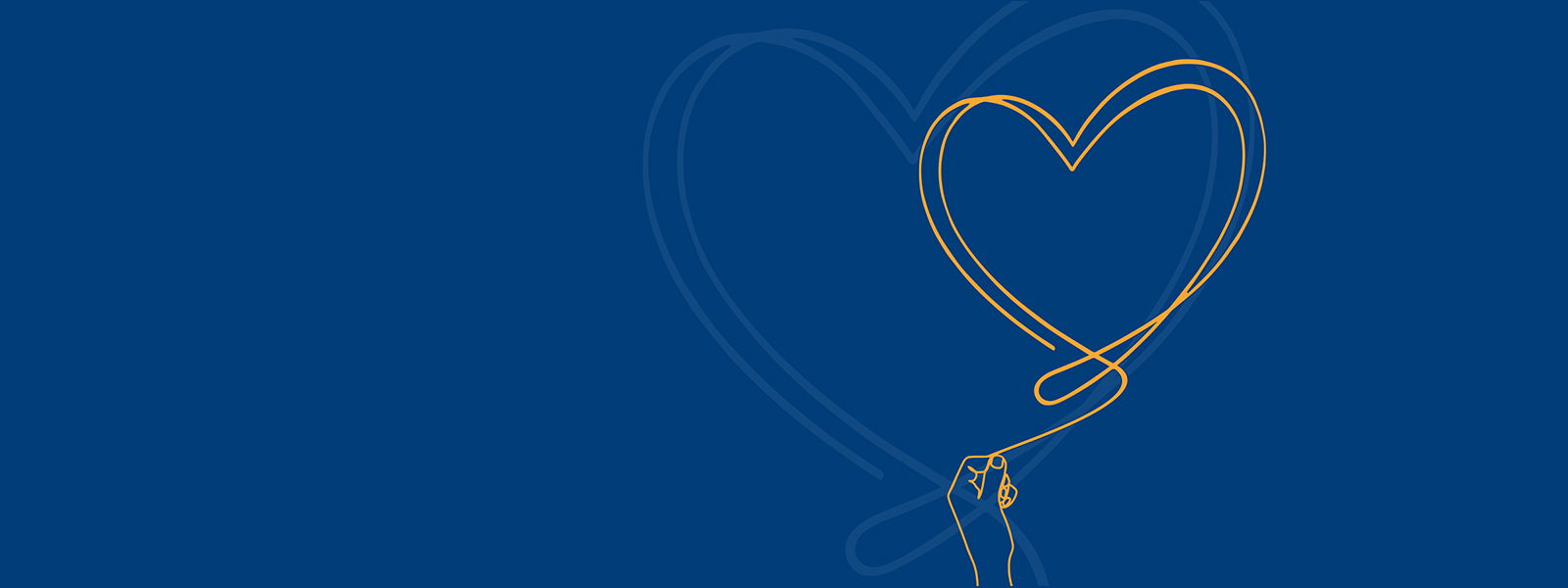 An orange single line drawing of a hand holding up a heart over a blue background