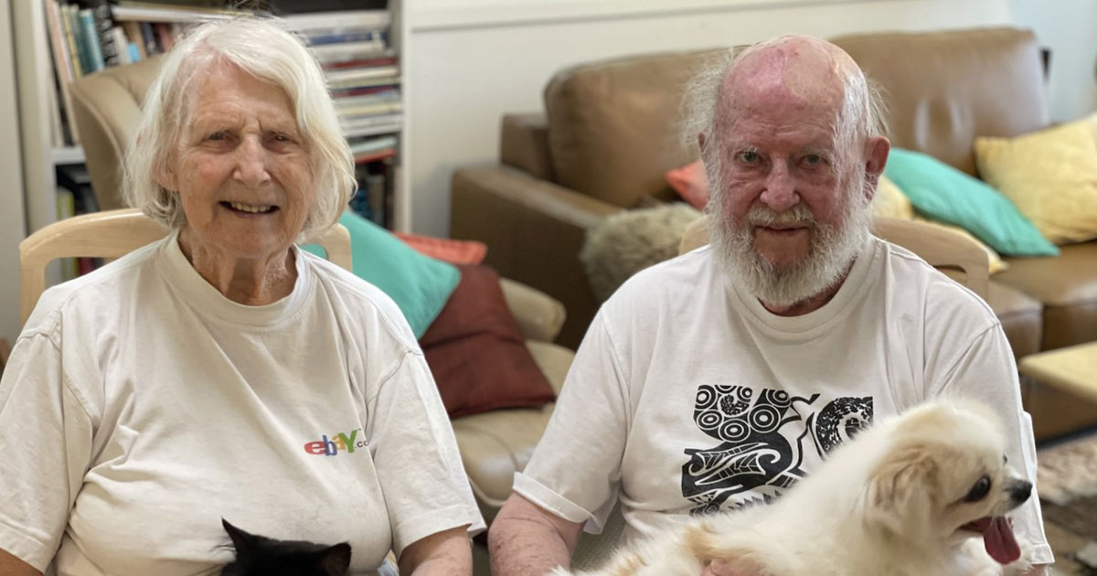 Azure Blue Carina Residents Margaret and Trevor with their pet dog