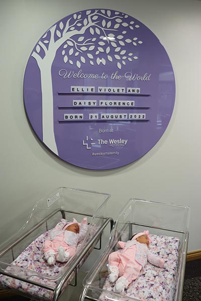 Newborn twins in hospital carriers beneath a welcome sign