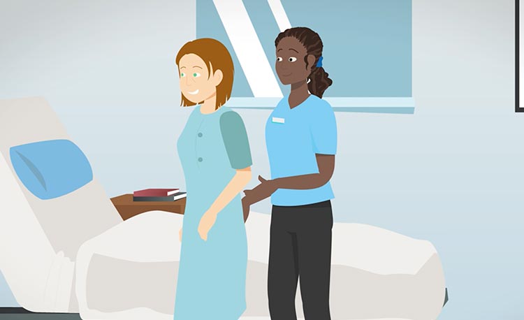 An illustration of a Wesley Hospital staff member assisting a patient to her feet