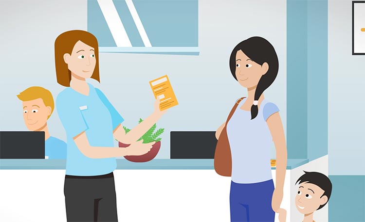 An illustration of a Wesley Hospital staff member assisting a mother and son with information
